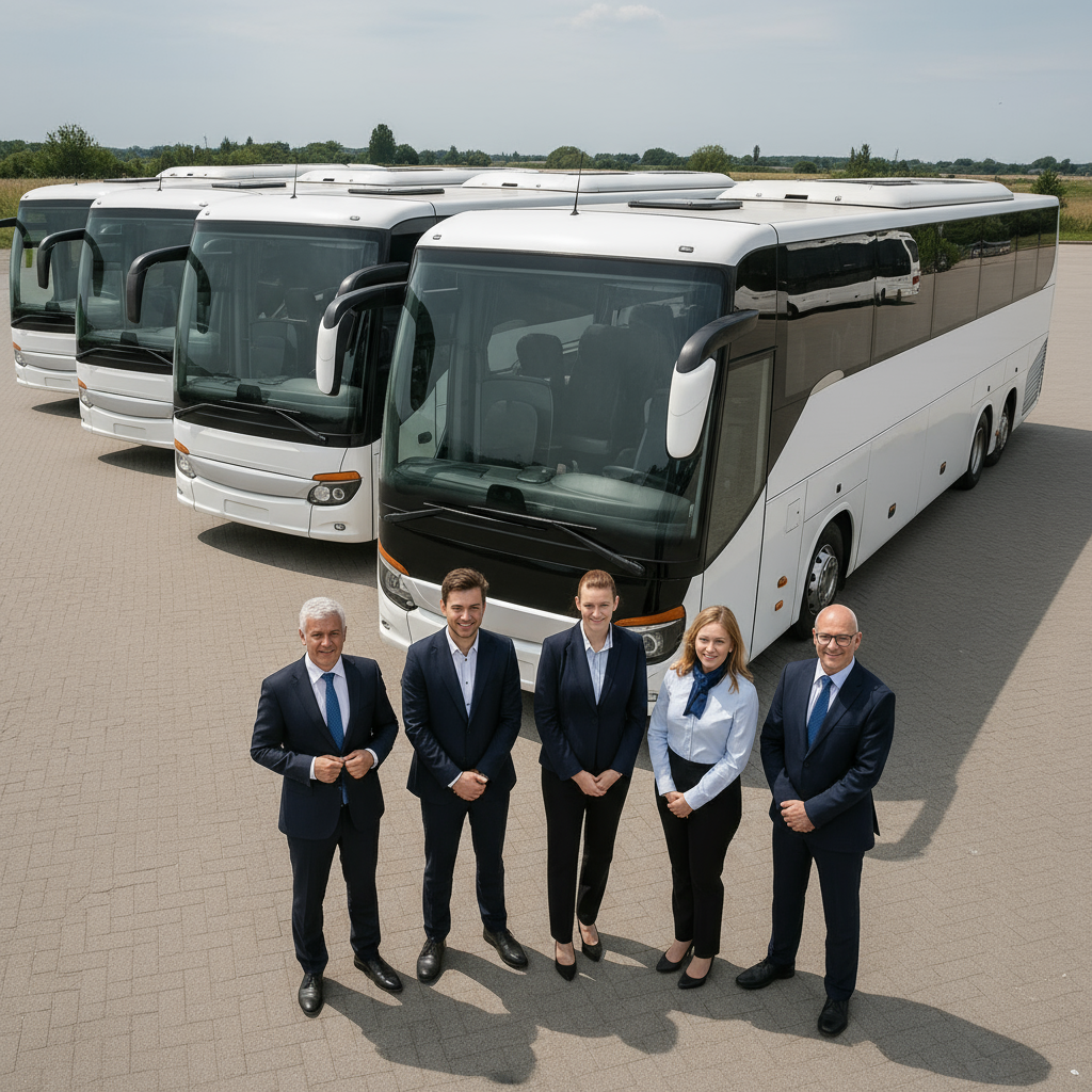 Romania coach hire service with modern buses traveling through Romanian countryside